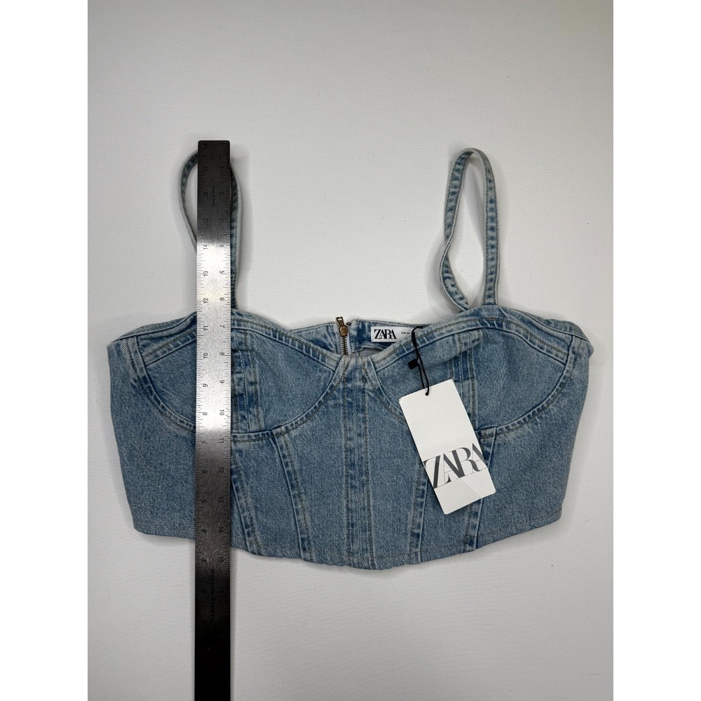 Zara Corset Cropped Top Womens Medium Blue Denim Cotton Back Zip Spaghetti Strap - Picture 3 of 6